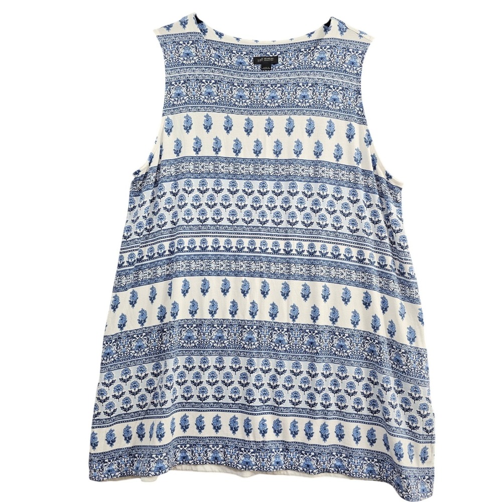 J. Jill Wearever Top Womens Large Blue White Floral Medallion Sleeveless Tank